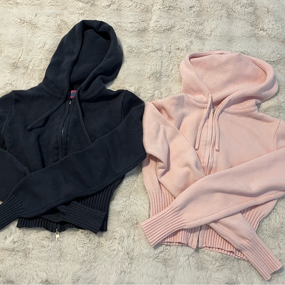 Edikted Navy Blue and Baby Pink Hooded Zip-Up Jacket